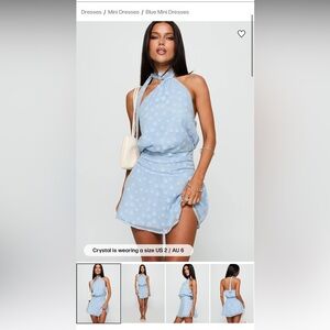 NWT Princess Polly Eurythmic Scarf Halter Mini Dress Blue Jacquard size small